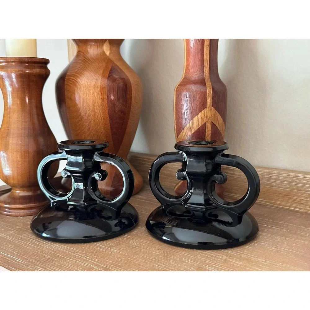 Vintage Black Amethyst Glass Candlestick Holders Set of Two